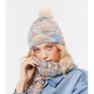 Urban Outfitters Beanie With Pom Knit Hat Rainbow Multicolor Soft